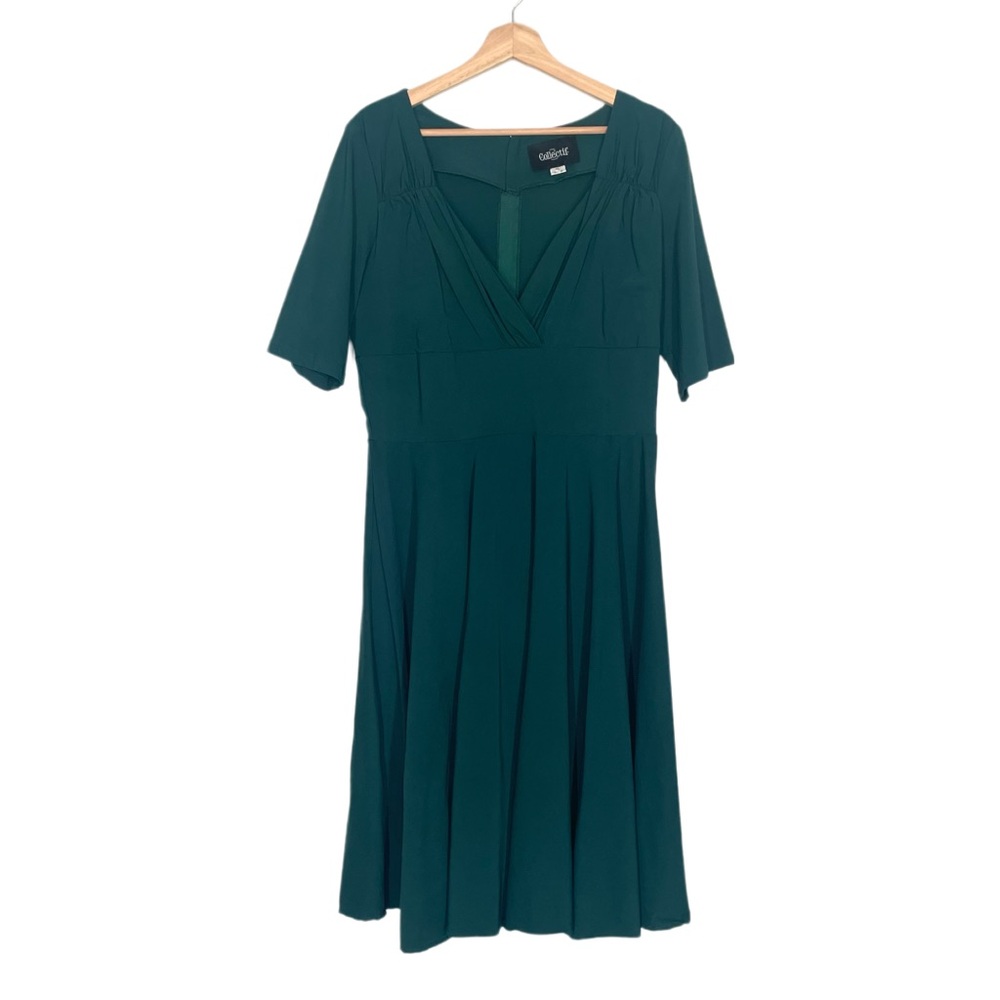 Collectif London Vintage Inspired Teal Green V-Neck Fit & Flare Dress Size 18